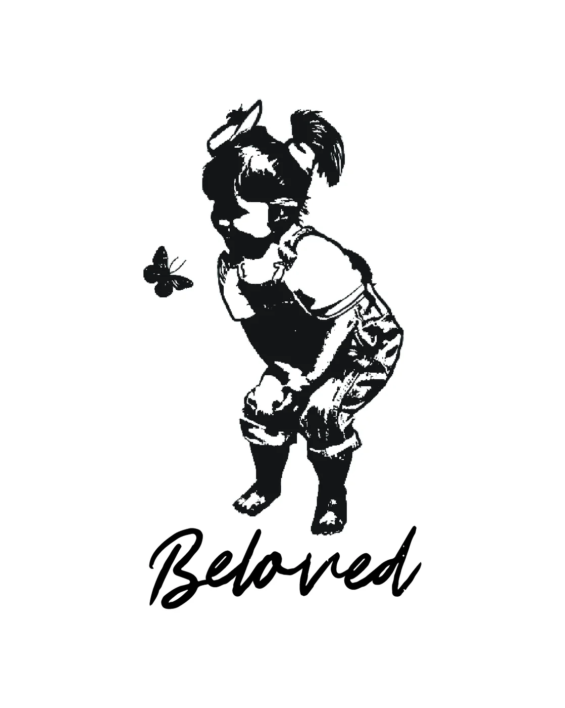 Beloved — fine-line illustration of a small winged figure with butterflies