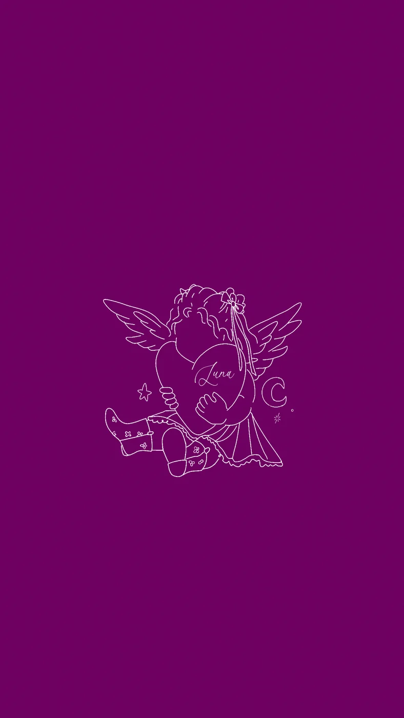 Luna in violet — the same cherub illustration on a deep violet field