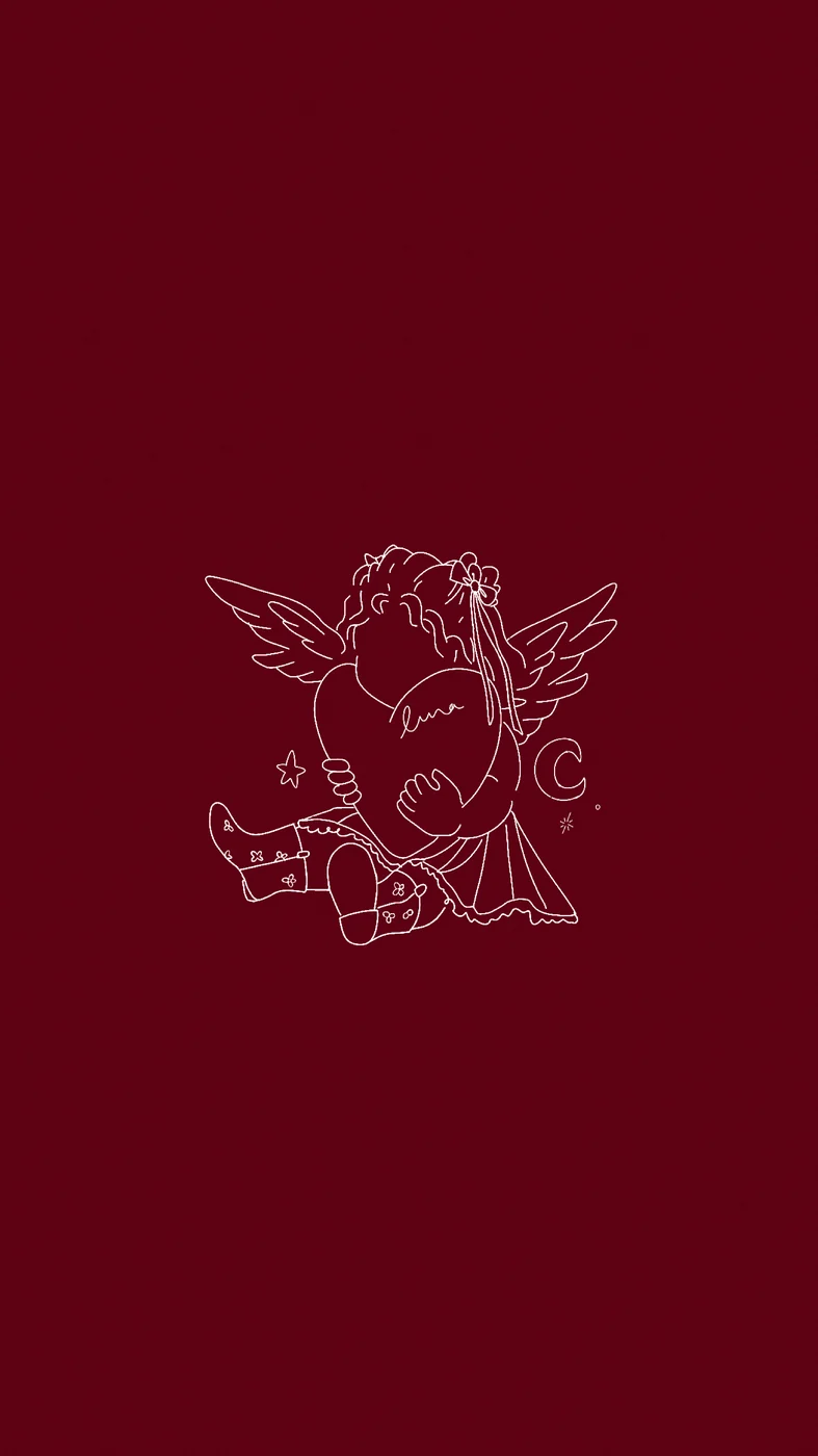 Luna in wine — line-drawn cherub holding a heart, on a deep wine field