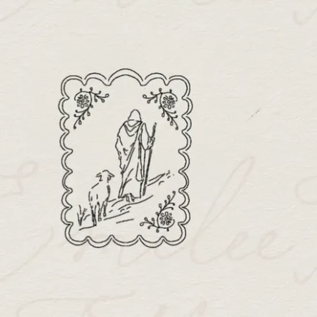 Good Shepherd — shepherd and sheep in a scalloped frame
